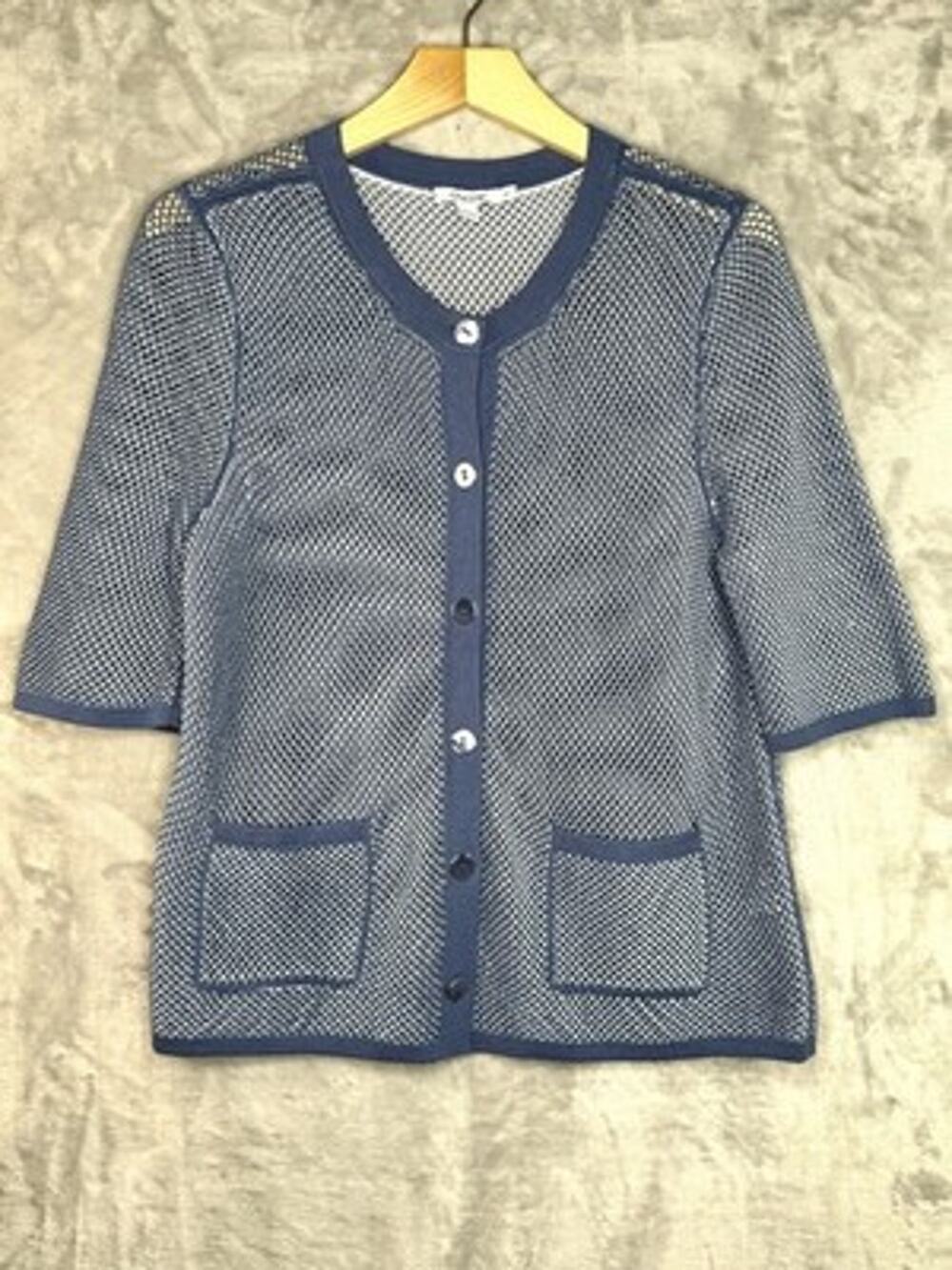 Chico's Cardigan Sweater Womens Medium Blue Open Knit Mesh 3/4 Sleeve Pockets